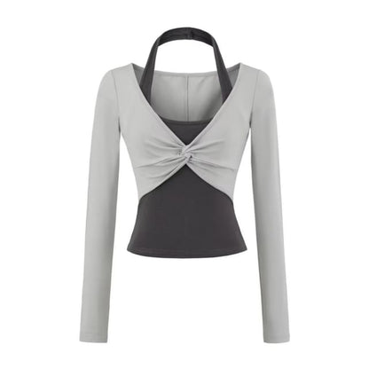 Halter Mock Two-Piece Crop Top with Long Sleeves