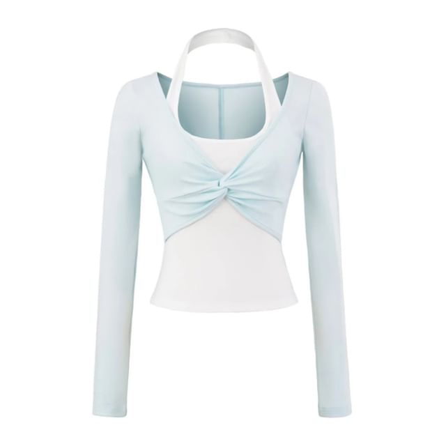 Halter Mock Two-Piece Crop Top with Long Sleeves
