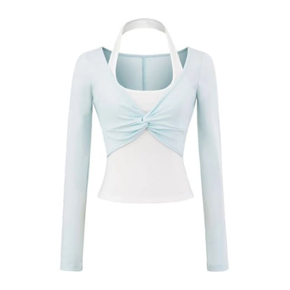 Halter Mock Two-Piece Crop Top with Long Sleeves