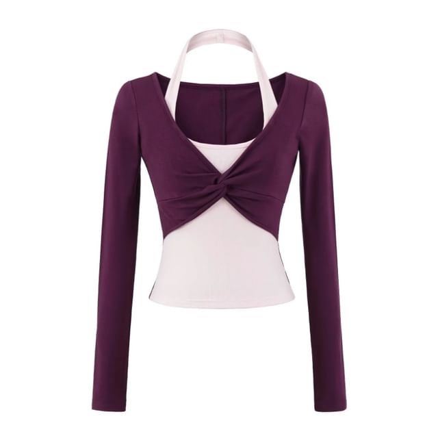 Halter Mock Two-Piece Crop Top with Long Sleeves