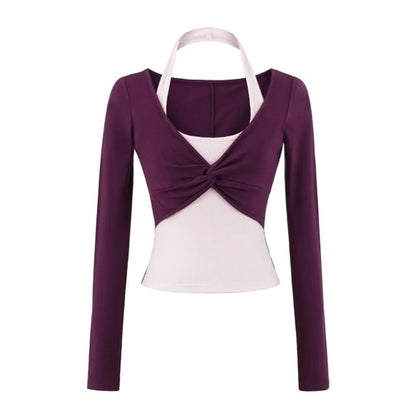 Halter Mock Two-Piece Crop Top with Long Sleeves