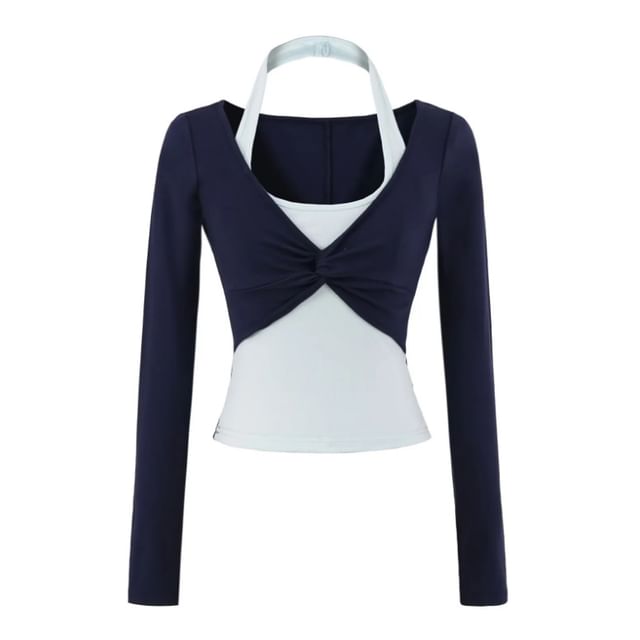 Halter Mock Two-Piece Crop Top with Long Sleeves