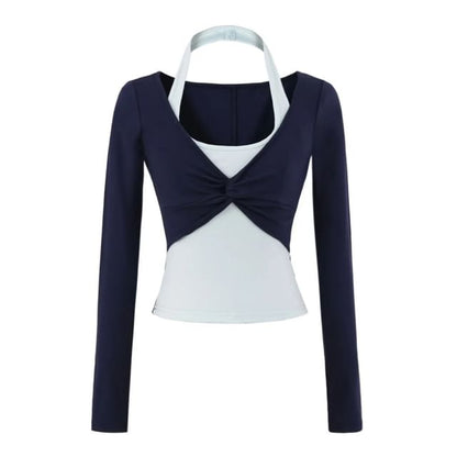 Halter Mock Two-Piece Crop Top with Long Sleeves