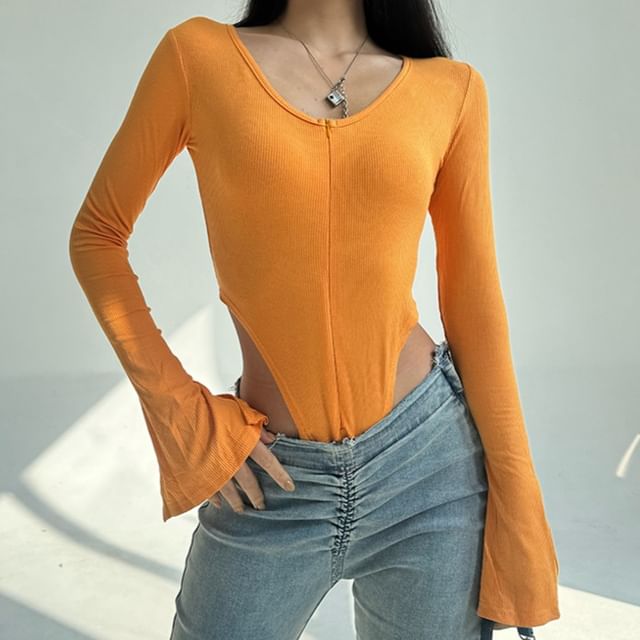 Scoop Neck Bodysuit Top with Half Zip and Long Sleeves