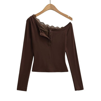 One-Shoulder Long-Sleeve Top with Lace Trim and Buttons