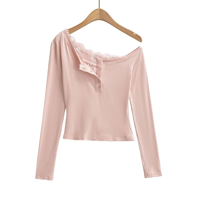 One-Shoulder Long-Sleeve Top with Lace Trim and Buttons