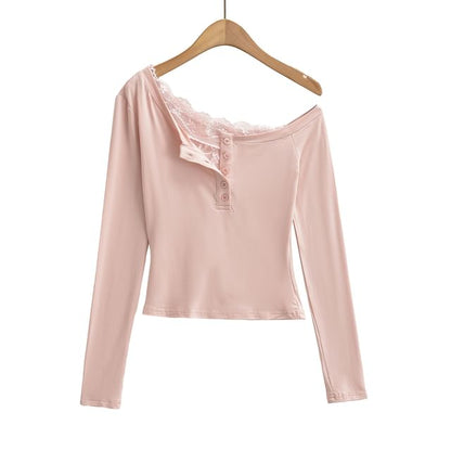One-Shoulder Long-Sleeve Top with Lace Trim and Buttons