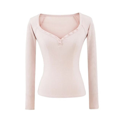 Elegant V-Neck Long-Sleeve Solid Button Blouse