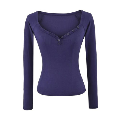 Elegant V-Neck Long-Sleeve Solid Button Blouse
