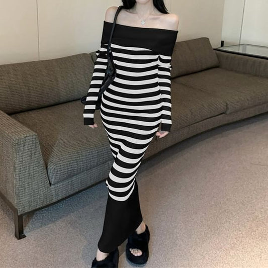 Long Sleeve Off Shoulder Striped Maxi Bodycon Dress
