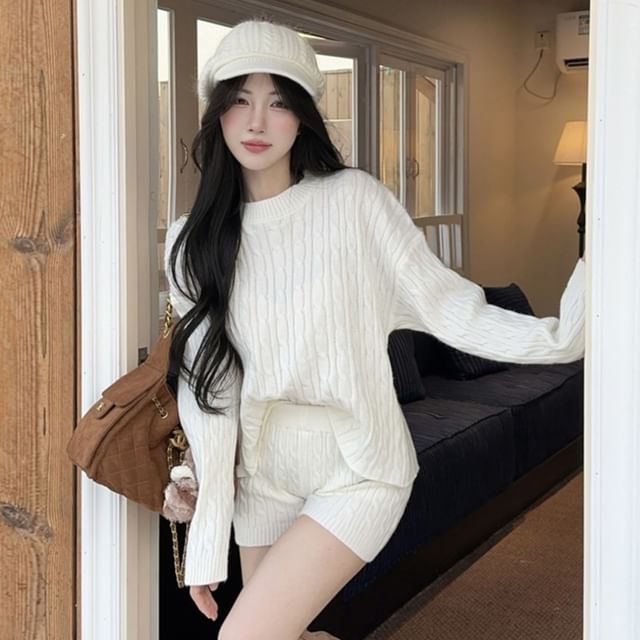 Knit Set: Round Neck Sweater with High Waist Shorts