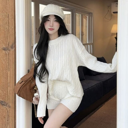 Knit Set: Round Neck Sweater with High Waist Shorts