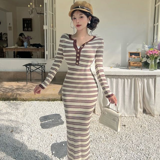Long-Sleeve Round Neck Striped Knit Maxi Bodycon Dress