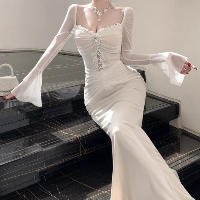 Long-Sleeve Square Neck Plain Ruched Maxi Mermaid  Dress