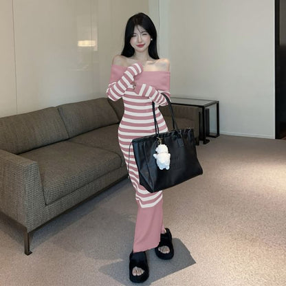 Long Sleeve Off Shoulder Striped Maxi Bodycon Dress