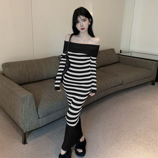 Long Sleeve Off Shoulder Striped Maxi Bodycon Dress