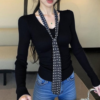 Solid Knit Top with V-Neck and Long Sleeves
