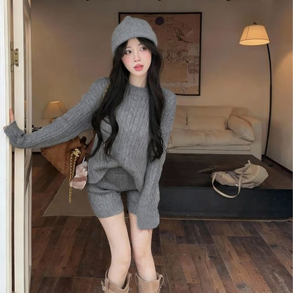 Knit Set: Round Neck Sweater with High Waist Shorts
