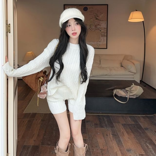 Knit Set: Round Neck Sweater with High Waist Shorts
