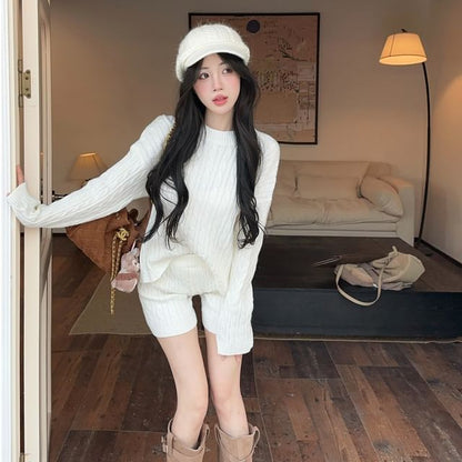 Knit Set: Round Neck Sweater with High Waist Shorts