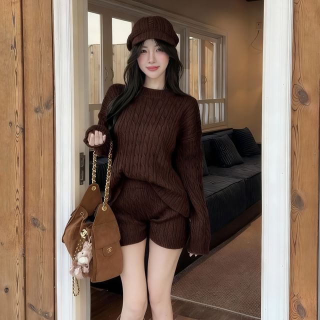 Knit Set: Round Neck Sweater with High Waist Shorts