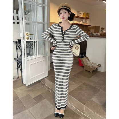 Long-Sleeve Round Neck Striped Knit Maxi Bodycon Dress