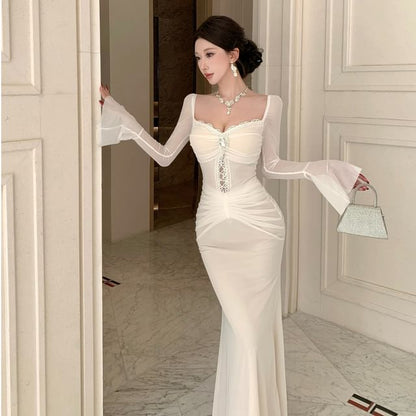 Long-Sleeve Square Neck Plain Ruched Maxi Mermaid  Dress