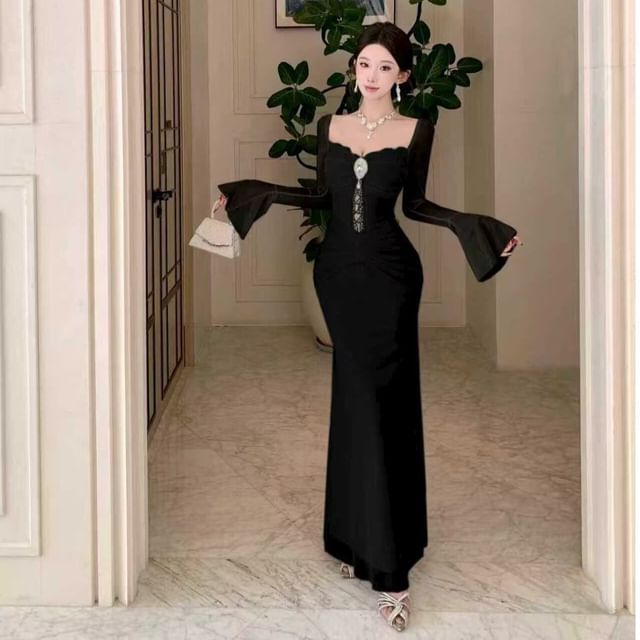 Long-Sleeve Square Neck Plain Ruched Maxi Mermaid  Dress