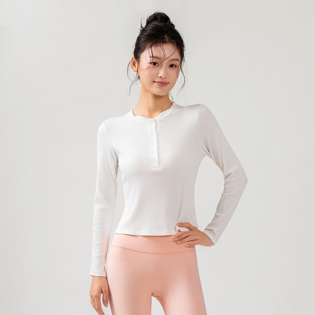 Half-Buttoned Solid Long-Sleeve Top