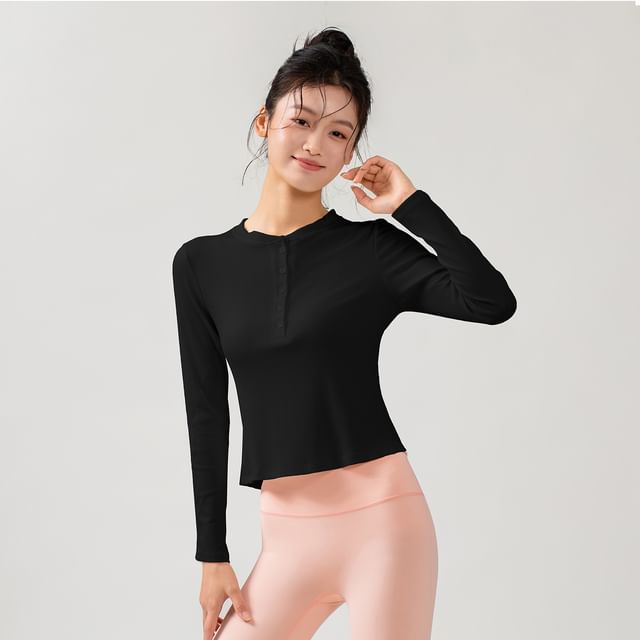 Half-Buttoned Solid Long-Sleeve Top