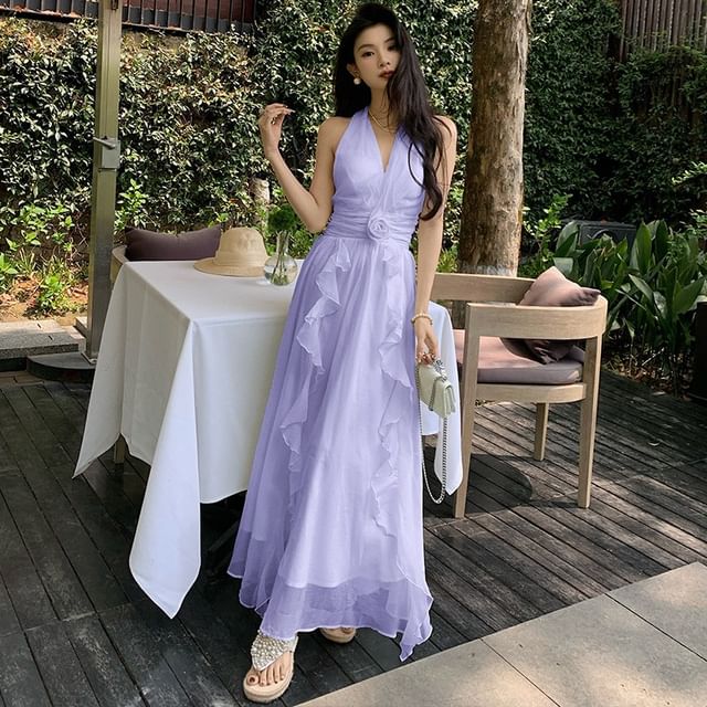 Sleeveless V-Neck Ruffle Plain Maxi A-Line Dress