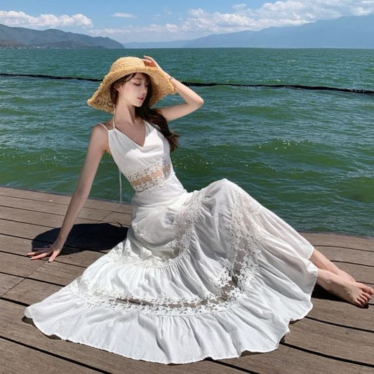 Sleeveless V-Neck Lace Maxi A-Line Dress