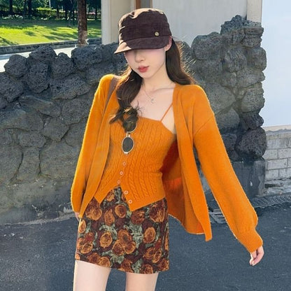 Versatile Spaghetti Strap Cable Knit Camisole, Cardigan & Floral A-Line Skirt Set