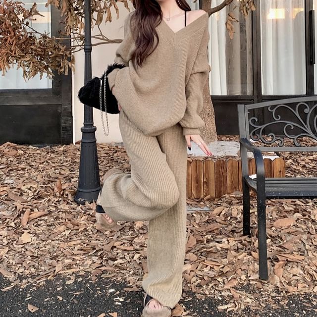 Oversized Drop Shoulder Sweater with High-Rise Wide Leg Pants