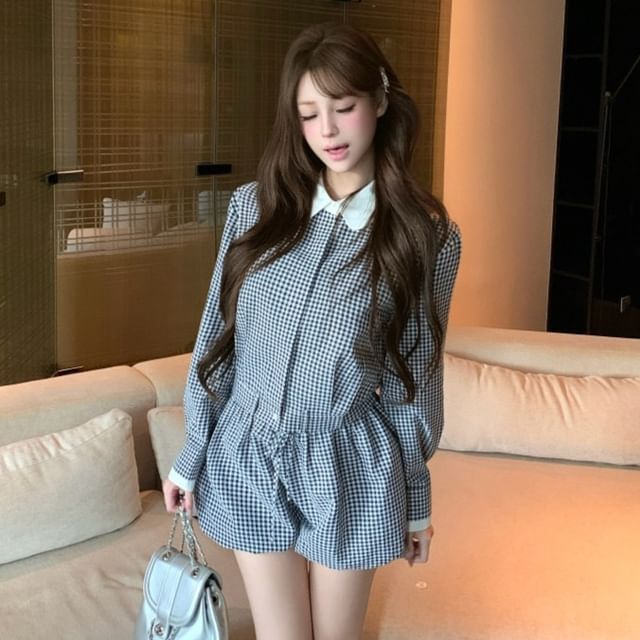 Classic Plaid Collared Long-Sleeve Shirt with High-Waist Denim Shorts