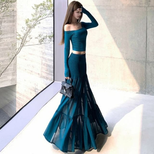 Off-Shoulder Long-Sleeve Crop Tee with High-Waist Maxi A-Line Skirt