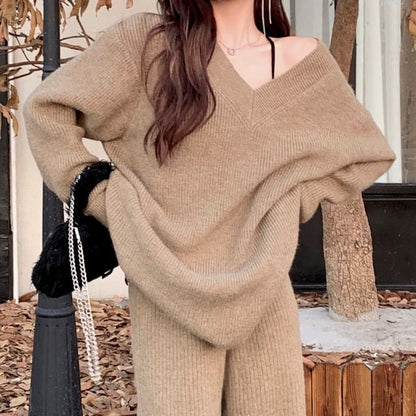 Oversized Drop Shoulder Sweater with High-Rise Wide Leg Pants