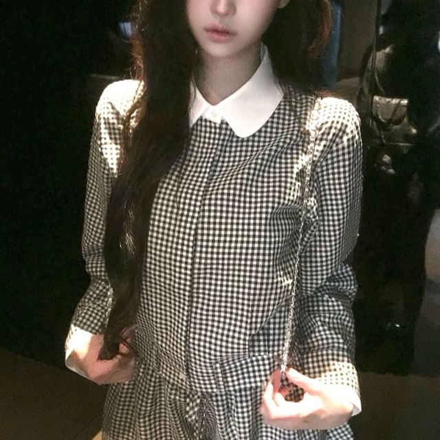 Classic Plaid Collared Long-Sleeve Shirt with High-Waist Denim Shorts