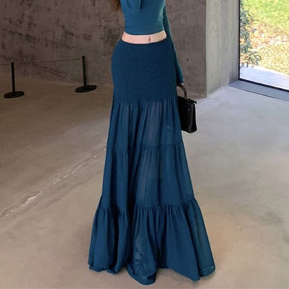 Off-Shoulder Long-Sleeve Crop Tee with High-Waist Maxi A-Line Skirt