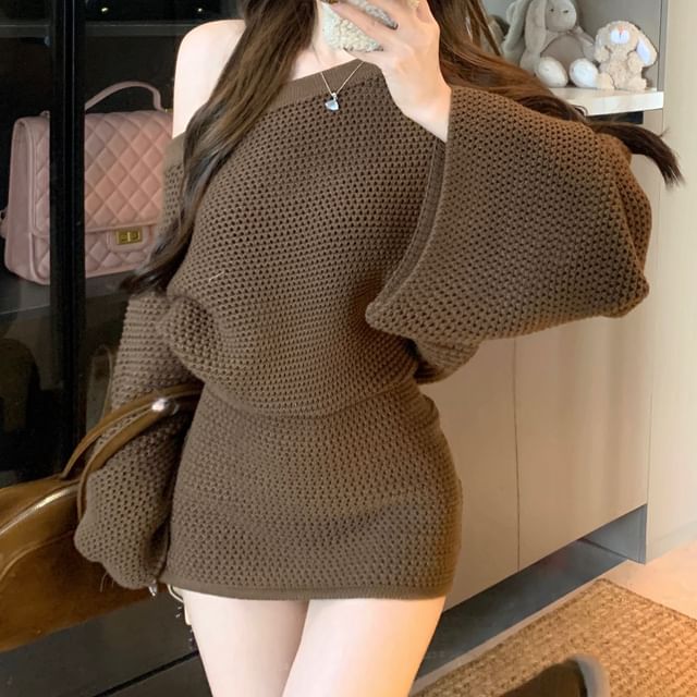 Chic Off-Shoulder Pointelle Sweater with High-Rise Mini Pencil Skirt Set