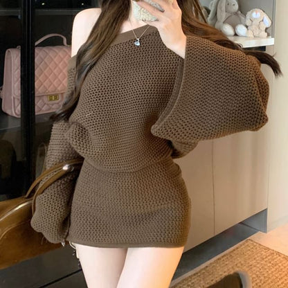 Chic Off-Shoulder Pointelle Sweater with High-Rise Mini Pencil Skirt Set