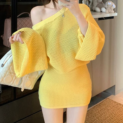 Chic Off-Shoulder Pointelle Sweater with High-Rise Mini Pencil Skirt Set