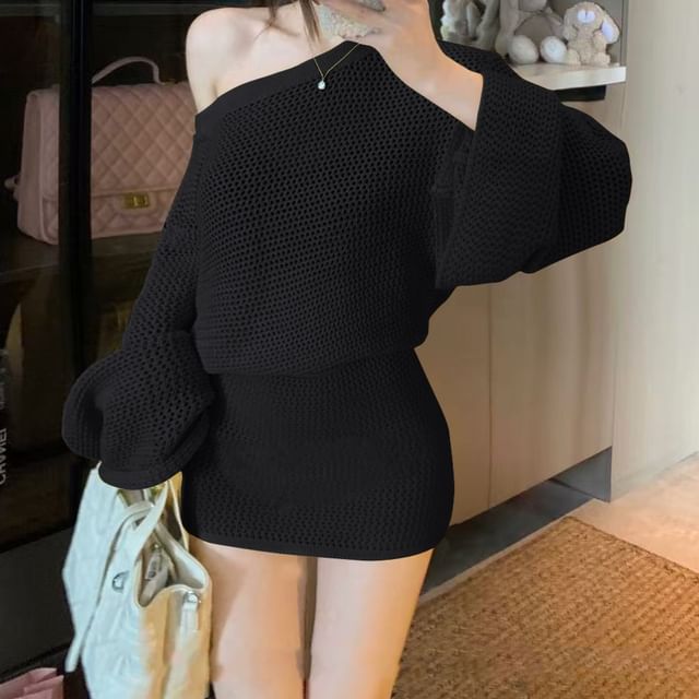 Chic Off-Shoulder Pointelle Sweater with High-Rise Mini Pencil Skirt Set