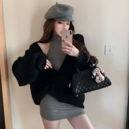 Halter Neck Tank Top and Solid Oversized V-Neck Sweater Duo