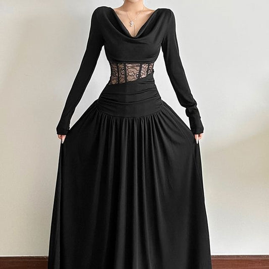 Long-Sleeve Cowl Neck Lace Panel Maxi A-Line Corset Dress