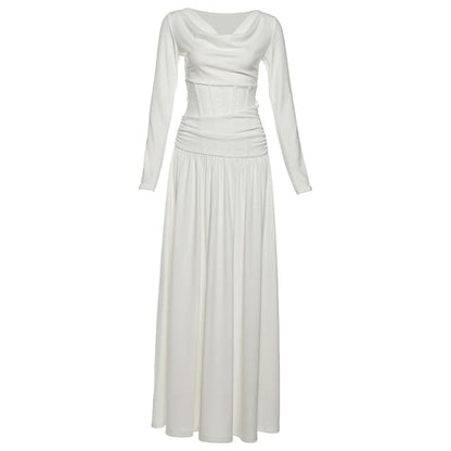 Long-Sleeve Cowl Neck Lace Panel Maxi A-Line Corset Dress