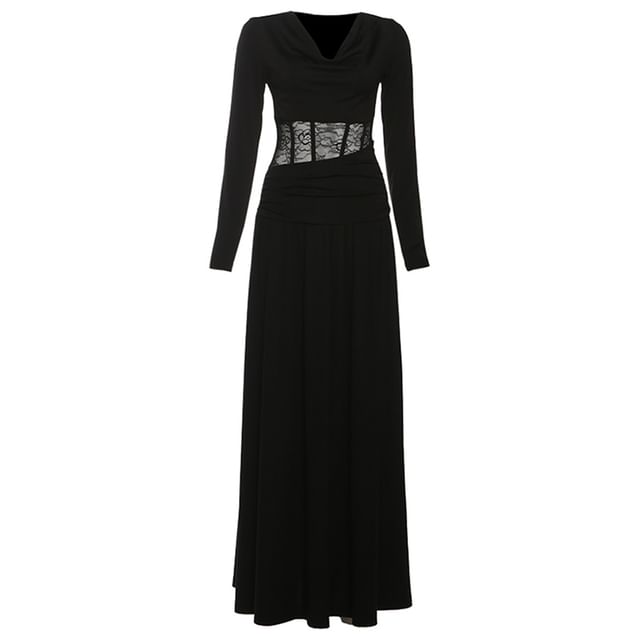 Long-Sleeve Cowl Neck Lace Panel Maxi A-Line Corset Dress