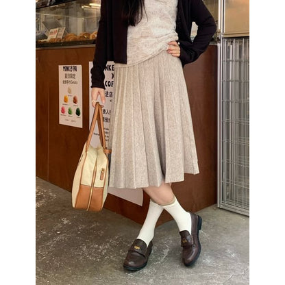High Waist Knitted Midi A-Line Pleated Skirt