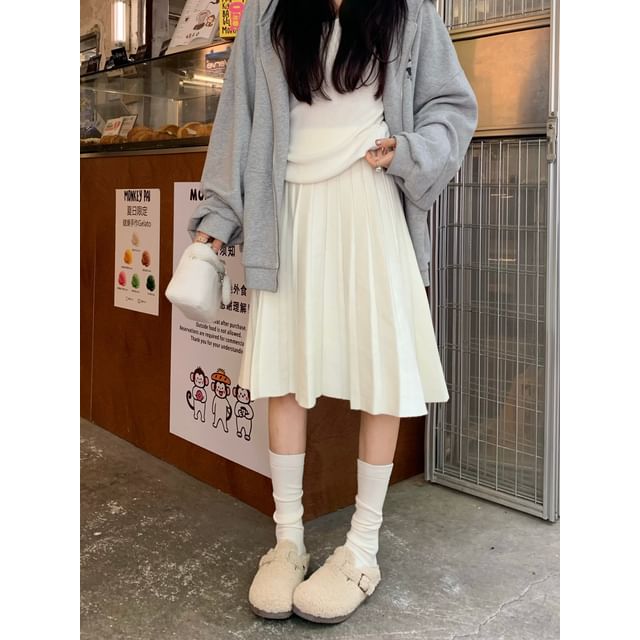 High Waist Knitted Midi A-Line Pleated Skirt