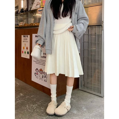 High Waist Knitted Midi A-Line Pleated Skirt